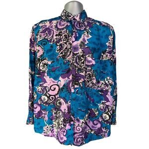 I.O.U Silk Blue and Purple Abstract Print Long Sleeve Silk Button Down Size M
